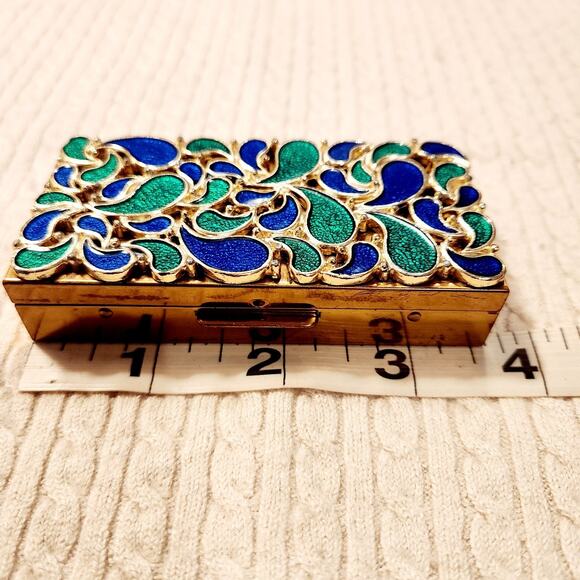 Stunning Vintage 80s Cloisonne Enamel Brass Trinket Box Floral Green Blue - Picture 8 of 9